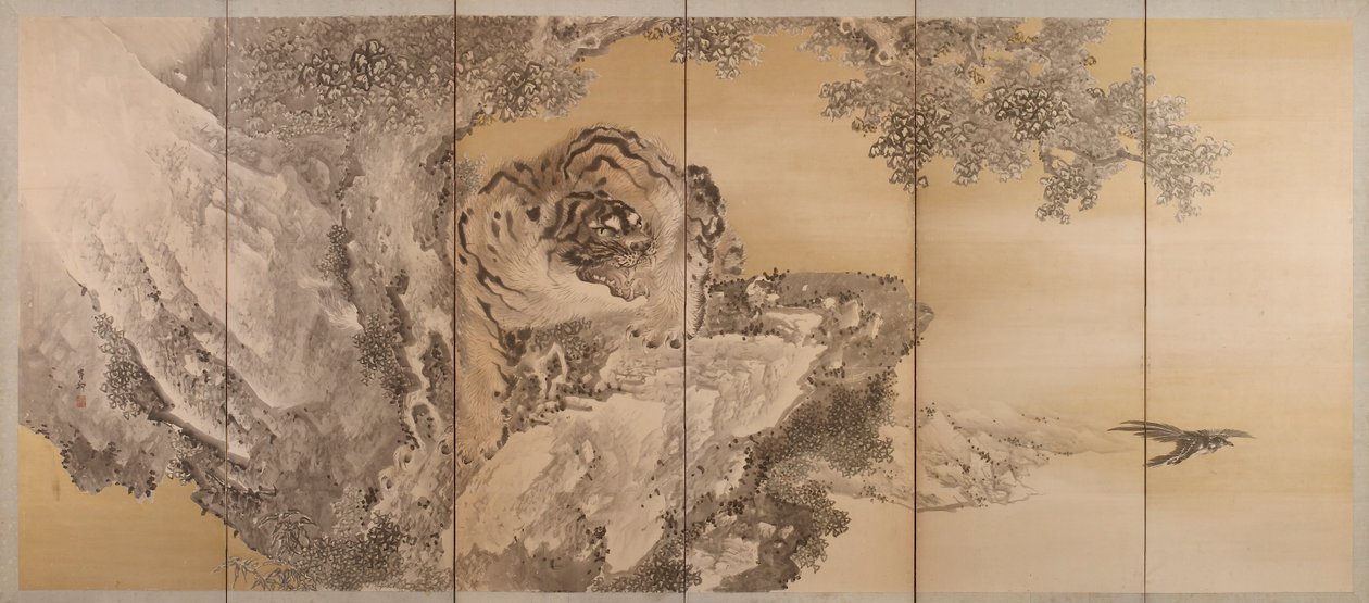 Hatszoros képernyő, üvöltő tigrist ábrázolva, 1749-1838 alkotó: Kishi Ganku