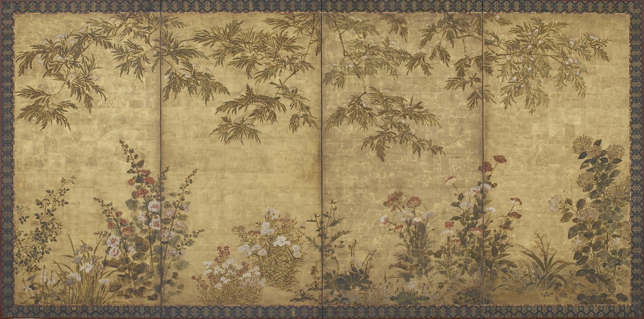 Mimózafa, mák, mák és egyéb virágok, Edo-korszak, 1630-70 (tinta, szín és arany papíron) alkotó: Kitagawa Sosetsu