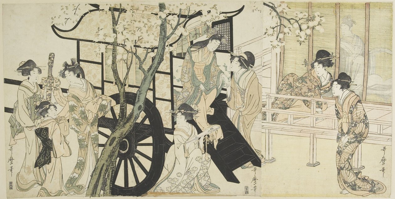 (Cseresznyevirágzás megtekintése birodalmi kocsis jelenethez hasonlítva), c. 1798 alkotó: Kitagawa Utamaro