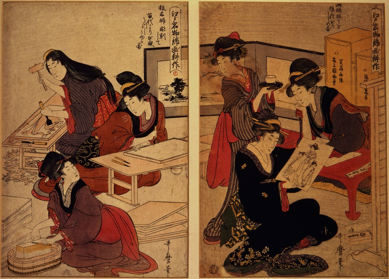 Fametszetet készítő kézművesek, 1857 körül (színes fatömb) alkotó: Kitagawa Utamaro