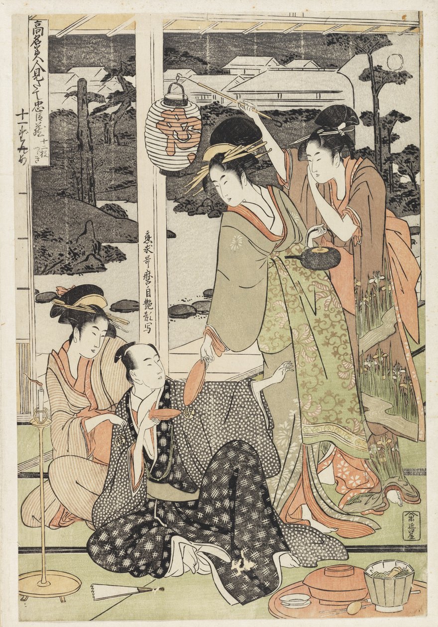 P.359-1945 12. jelenet, Az ünnepelt szépségek és a hűséges liga összehasonlítása, 1797 körül (színes fametszet) alkotó: Kitagawa Utamaro