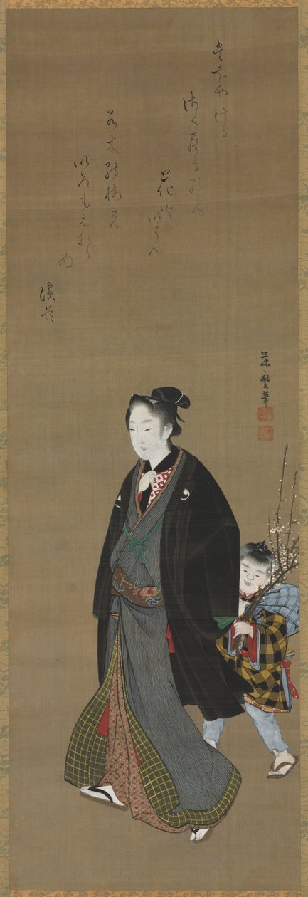 Virágzó ágat hordozó fiúval sétálgatott férfi, c. 1810. alkotó: Kitagawa Fujimaro