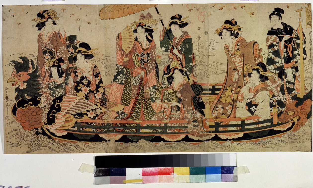 Csodálja meg a cseresznyevirágokat (Hanami) (Cherry Blossom Viewing, Hanami). Kitagawa Utamaro II (?-1831) nyomata. Színes rézkarc, 37 x 76 cm. Keleti művészet. Puskin Múzeum, Moszkva alkotó: Kitagawa II Utamaro