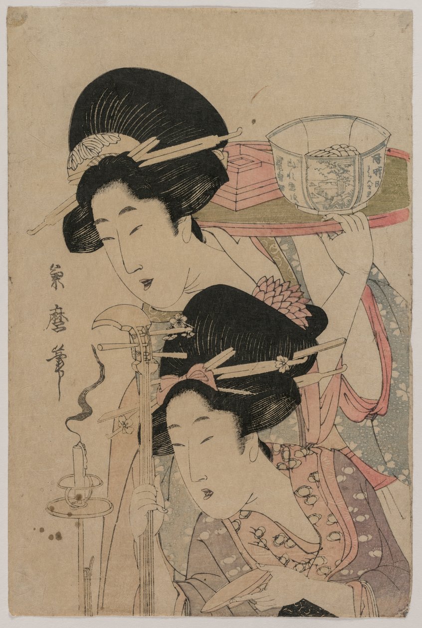 Két gésa egy gyertya mellett, 1800-as évek közepén. alkotó: Kitagawa Kikumaro