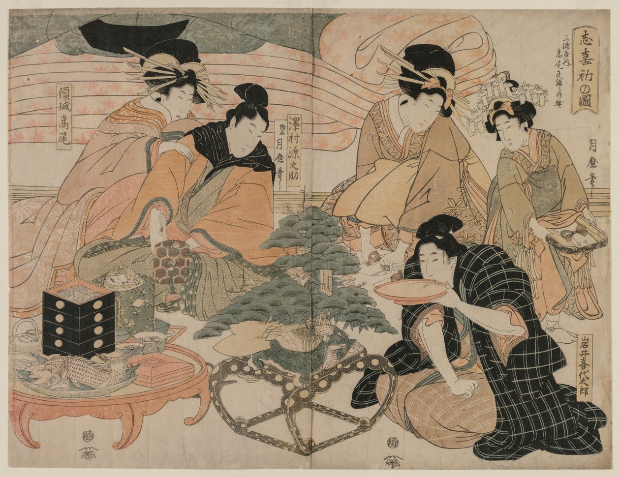 A Pleasure Quarters első látogatásának képe alkotó: Kitagawa Tsukimaro