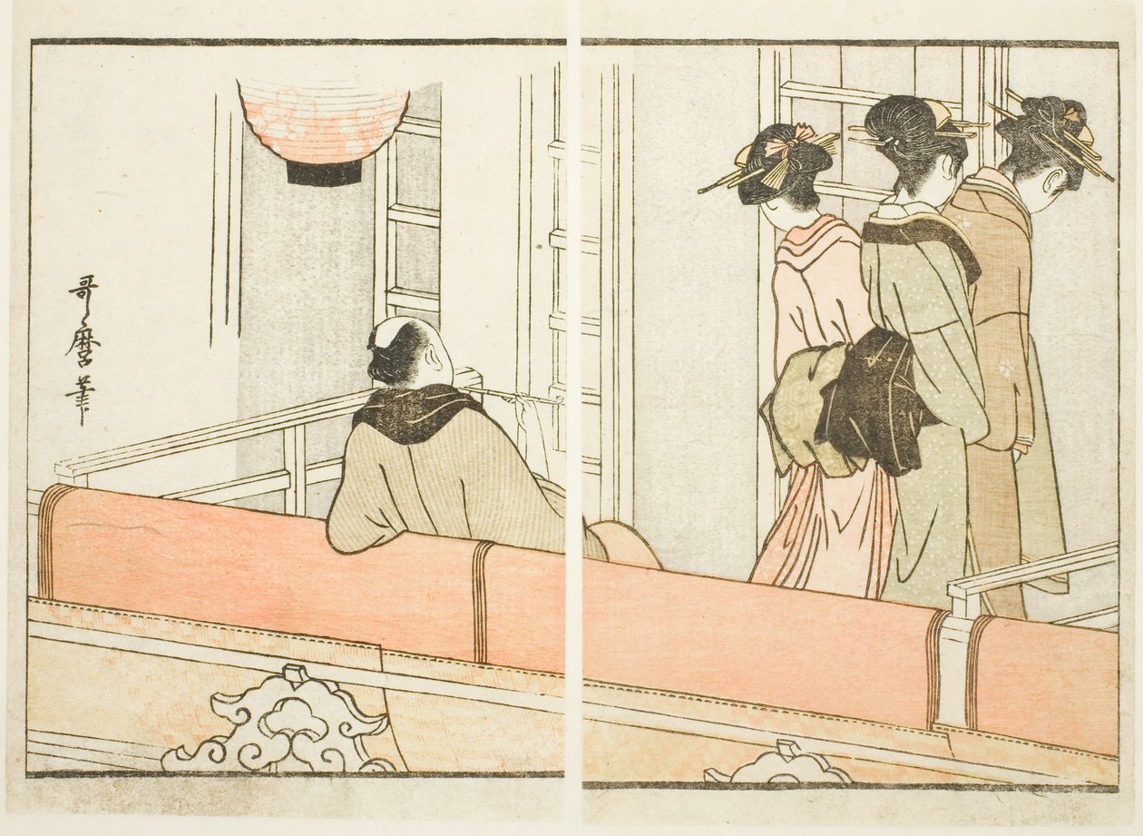 Egy páholy a Kabuki Színházban, az "Útmutató a színészek öltözőihez (Yakusha gakuya tsu)" című képes könyvből. alkotó: Kitagawa Utamaro