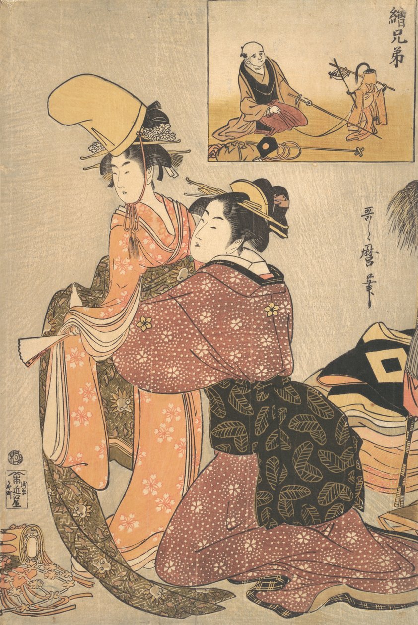 Egy lányt öltöztető nő a kabuki tánchoz „Musume Dojoji..., kb. 1795-96. alkotó: Kitagawa Utamaro