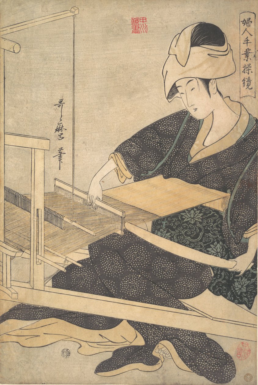 Egy nő szövő, kézi szövőszéknél ülve, kb. 1796. alkotó: Kitagawa Utamaro