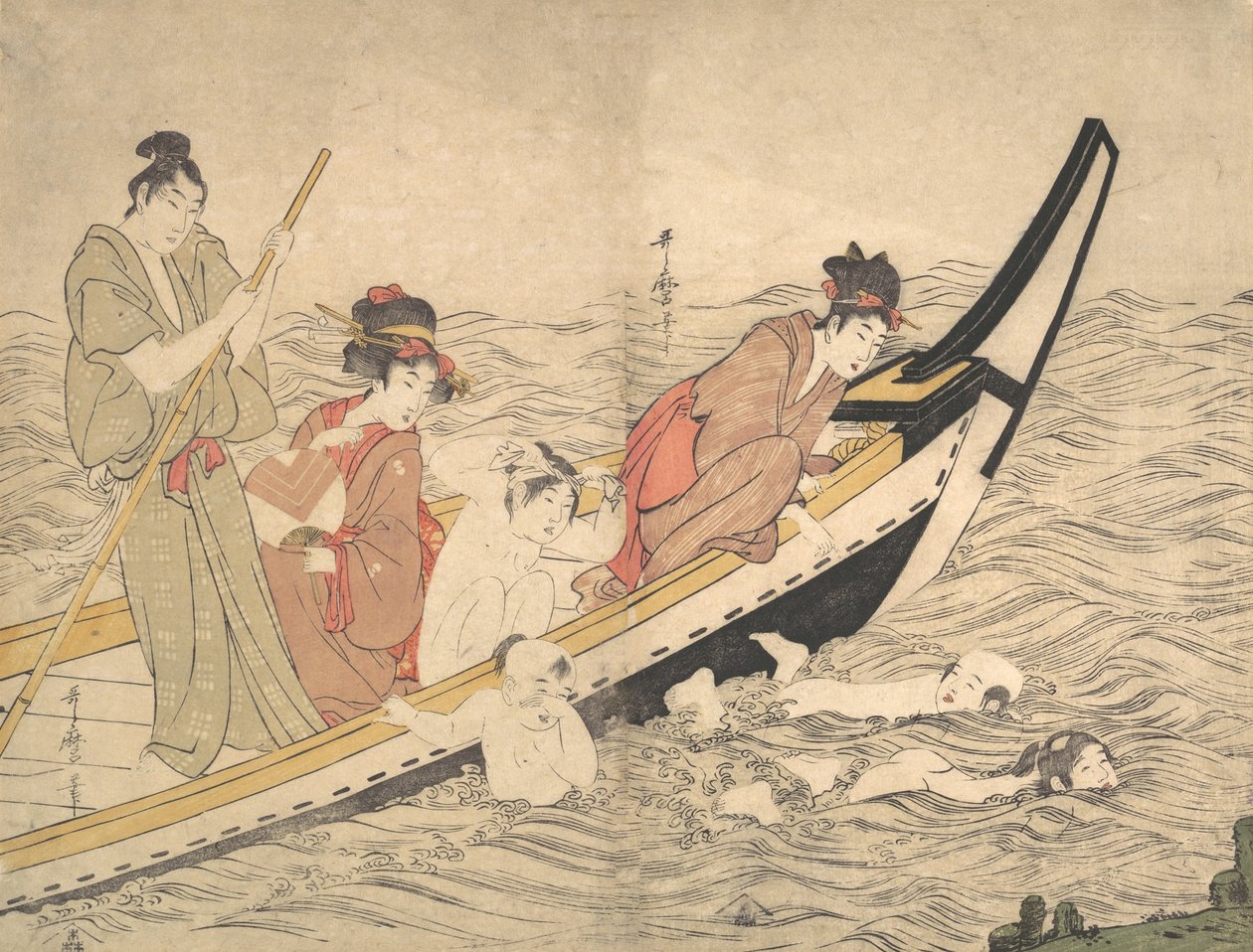 Csónakázó parti gyerekek úszással, 18. század vége. alkotó: Kitagawa Utamaro