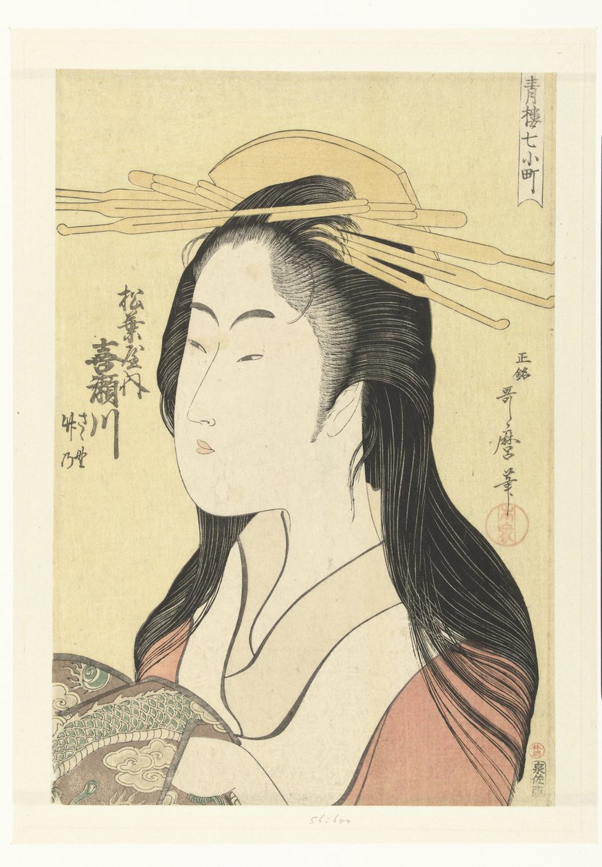 Kisegawa udvarhölgy mellképe a Matsubaya házból. Matsubaya uchi Kisegawa (cím a tárgyon) A hét Komachi az örömházakból (sorozat címe) Seiro nana Komachi (sorozat címe az objektumon) alkotó: Kitagawa Utamaro
