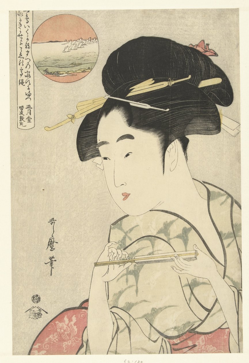 Egy fiatal nő mellszobra portréja egy rajongóval alkotó: Kitagawa Utamaro