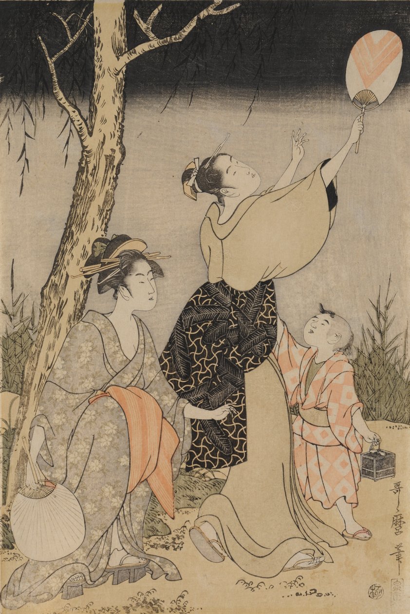 Szentjánosbogarak fogása a fűzfa alatt balra, c. 1796-1797. alkotó: Kitagawa Utamaro