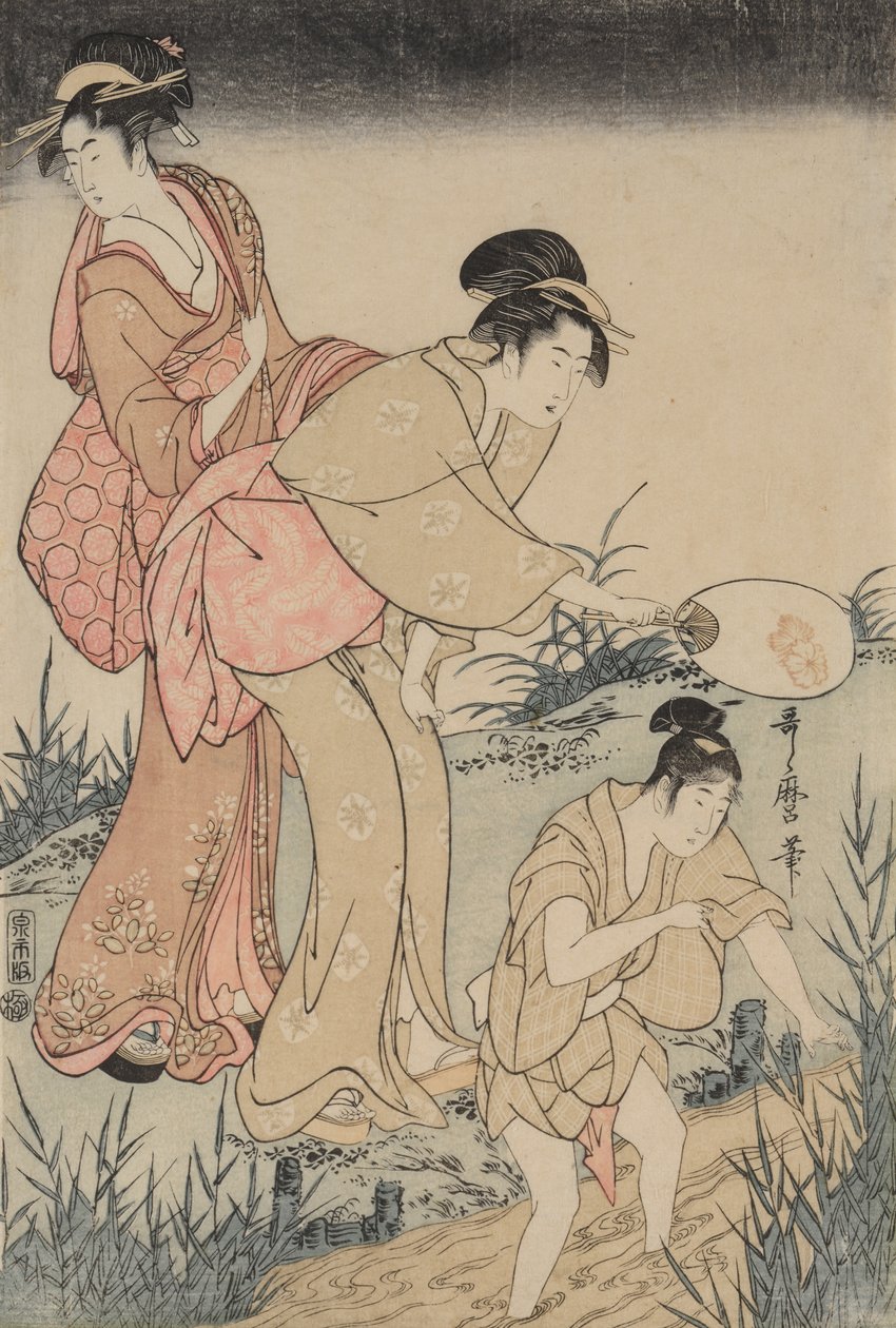 Szentjánosbogarak fogása a fűzfa alatt jobbra, c. 1796-1797. alkotó: Kitagawa Utamaro