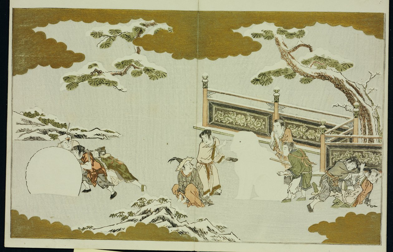 Gyerekek hóshishit készítenek és hógolyót gurítanak a "The Silver World"-ből alkotó: Kitagawa Utamaro