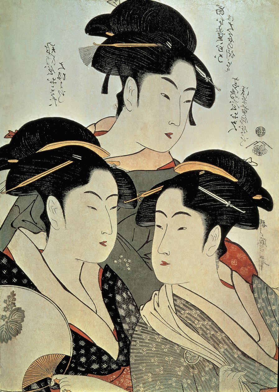 Közelkép egy három nőt ábrázoló festményről, Kitagawa Utamaro, Kansei korszak, Japán alkotó: Kitagawa Utamaro