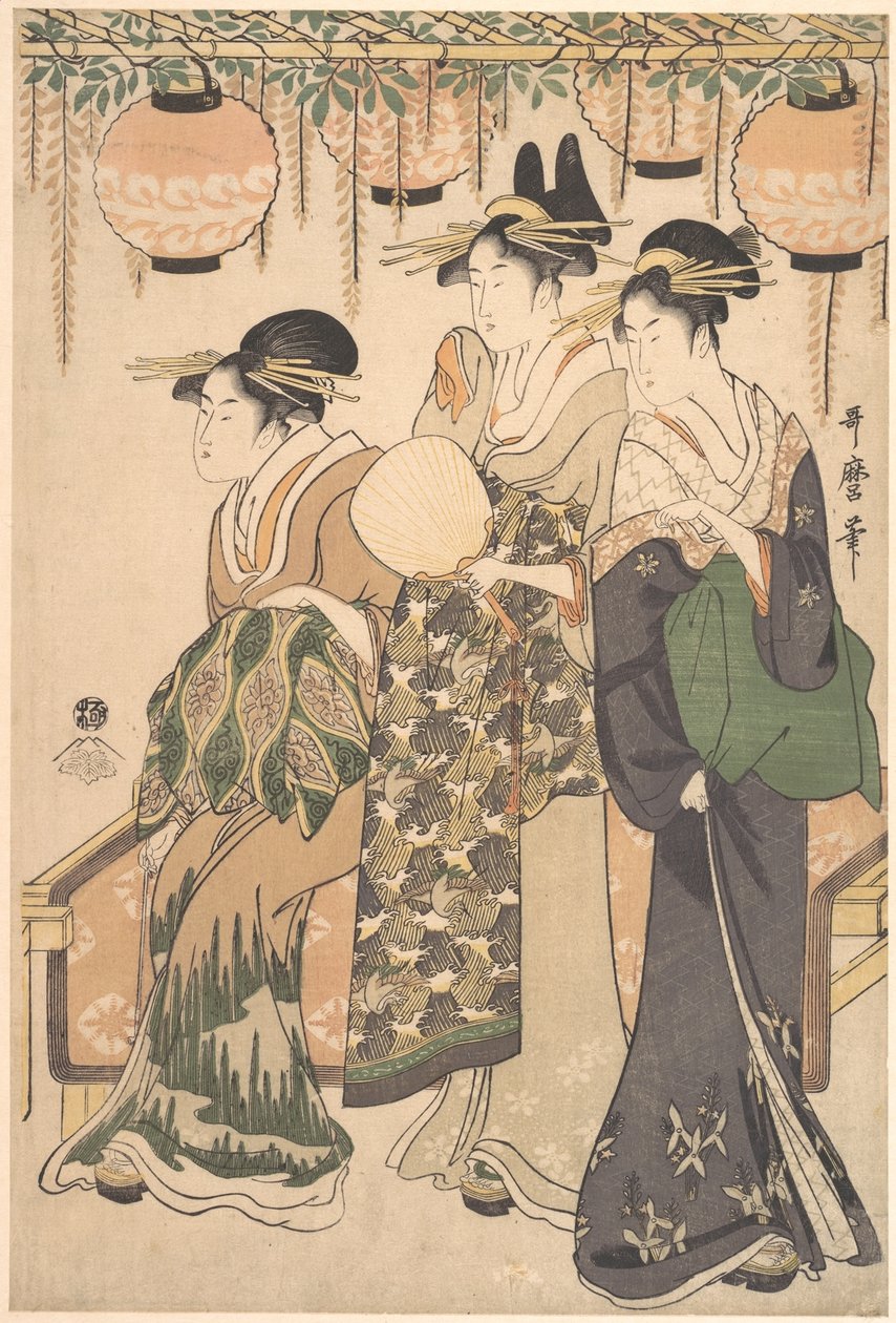 Kurtizánok lilaakác-lugas alatt alkotó: Kitagawa Utamaro