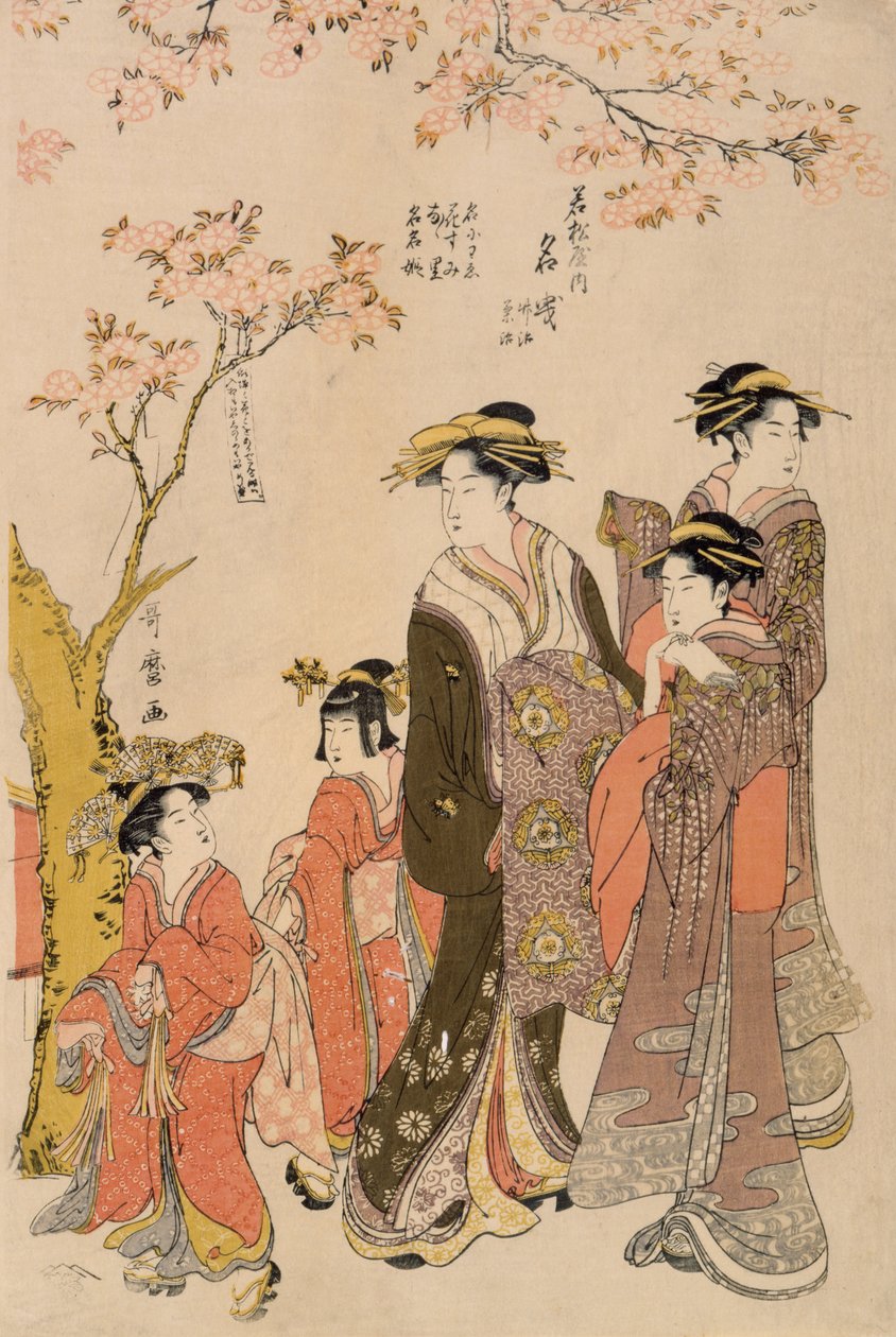 Cseresznyefák alatt sétáló kurtizánok, 1789 körül (fatömbnyomat) (203664 részlet) alkotó: Kitagawa Utamaro