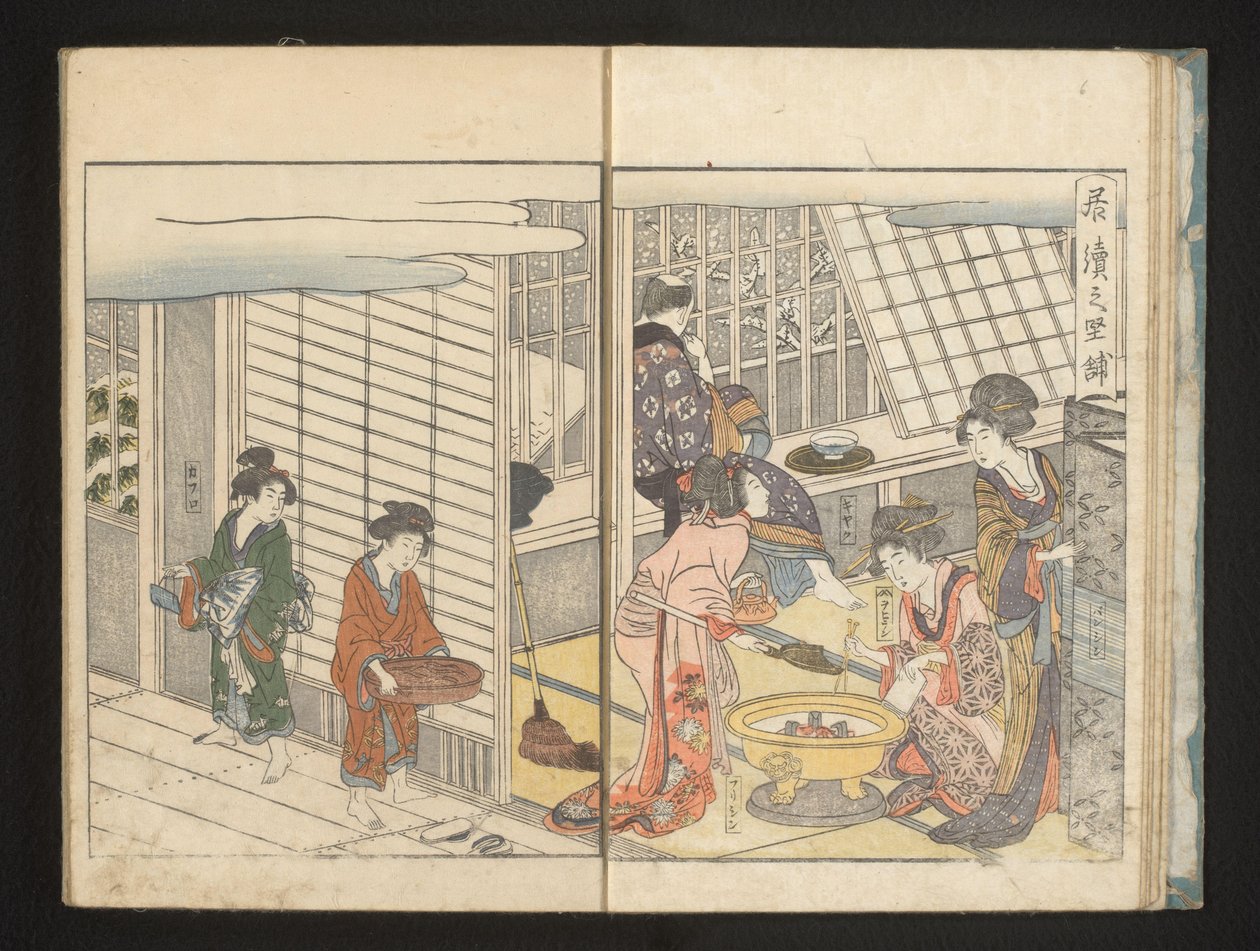 Az udvarhölgyek és a vendég téli reggelen alkotó: Kitagawa Utamaro