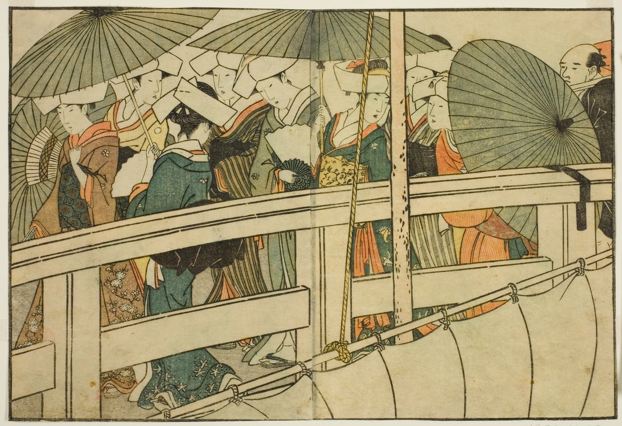 Átkelés a hídon nyáron, a "Képeskönyv: A négy évszak virágai (Ehon shiki no hana)" című illusztrált könyvből. 1 alkotó: Kitagawa Utamaro