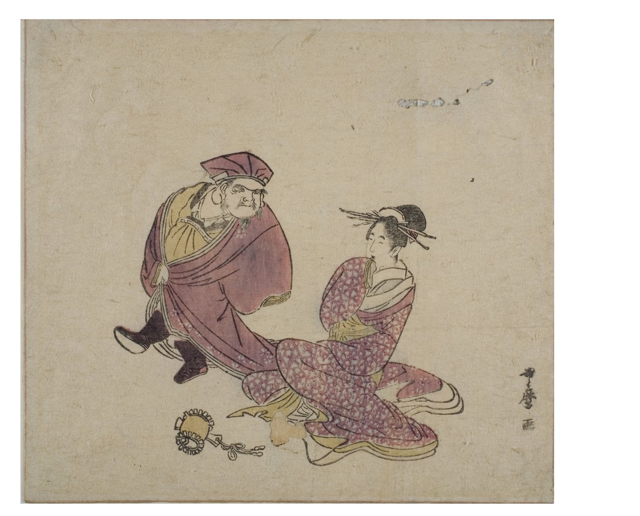 Daikoku (állva) beszélget egy ülő hölggyel, 1758-1806 körül (fatömbnyomat papíron) alkotó: Kitagawa Utamaro