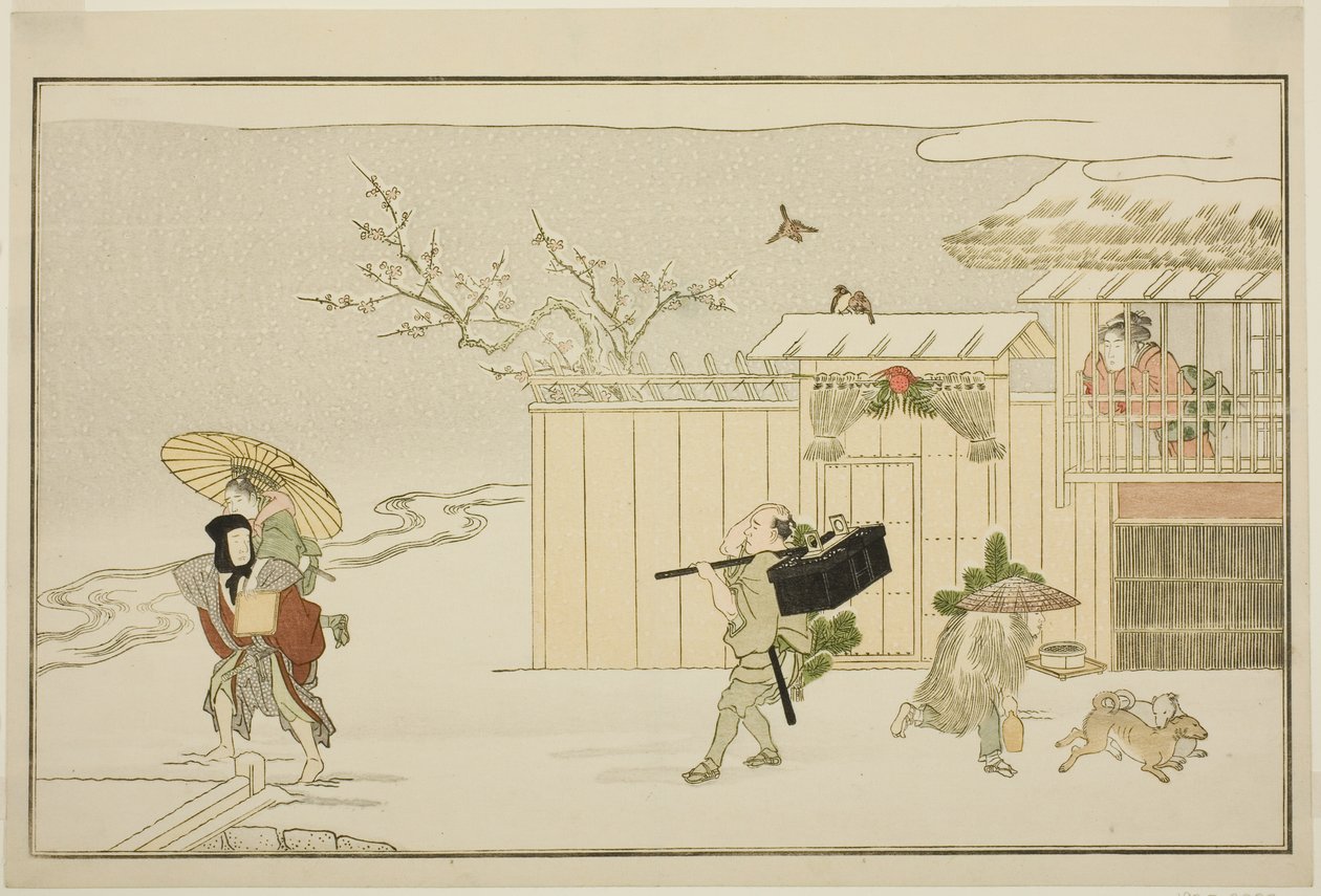 Újévi ajándékok kézbesítése a hóban, a "The Young God Ebisu (Waka Ebisu)" című kyoka antológiából. alkotó: Kitagawa Utamaro