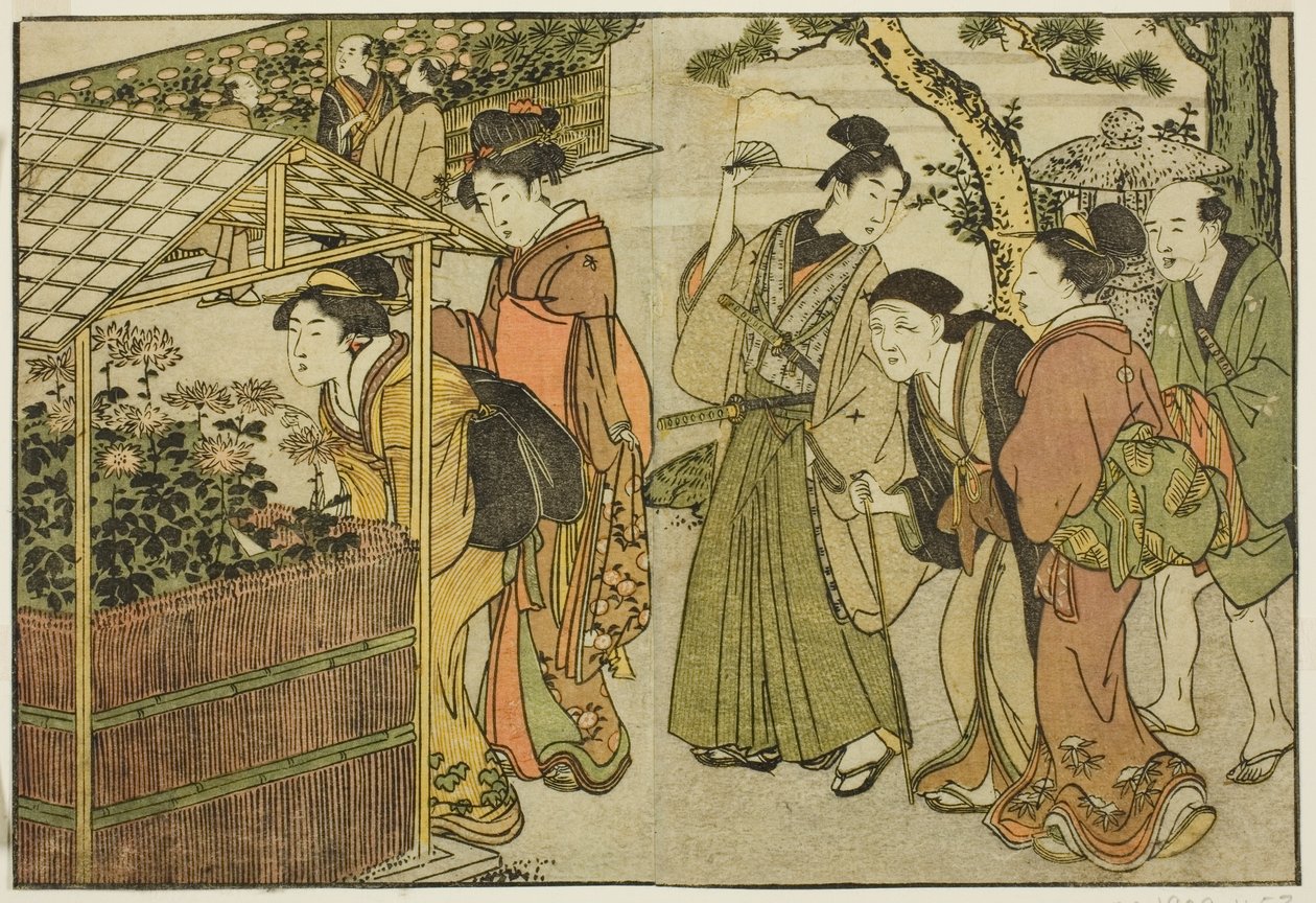 Krizantémok kiállítása a "Képeskönyv: A négy évszak virágai (Ehon shiki no hana)" című illusztrált könyvből. 2 alkotó: Kitagawa Utamaro