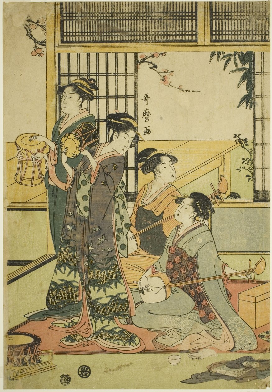 Dobok és Shamisen (színes fatömbnyomat; aiban) alkotó: Kitagawa Utamaro