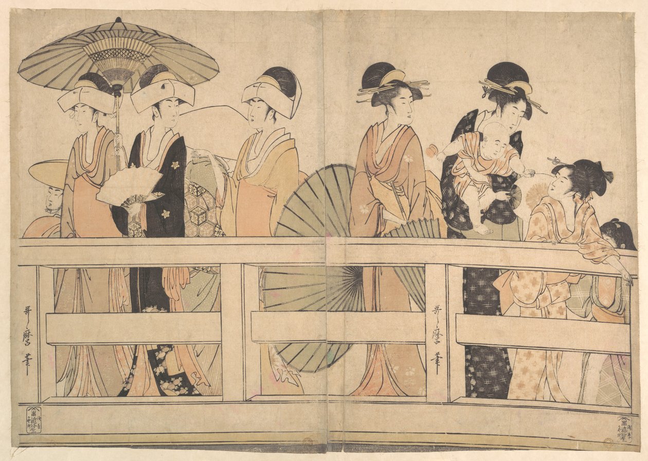 A hűvös esti szellő élvezete a hídon és a híd alatt alkotó: Kitagawa Utamaro