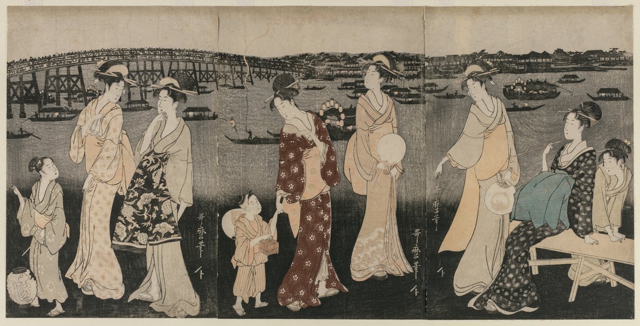 Élvezze az esti hűvösséget a Sumida folyó mentén alkotó: Kitagawa Utamaro