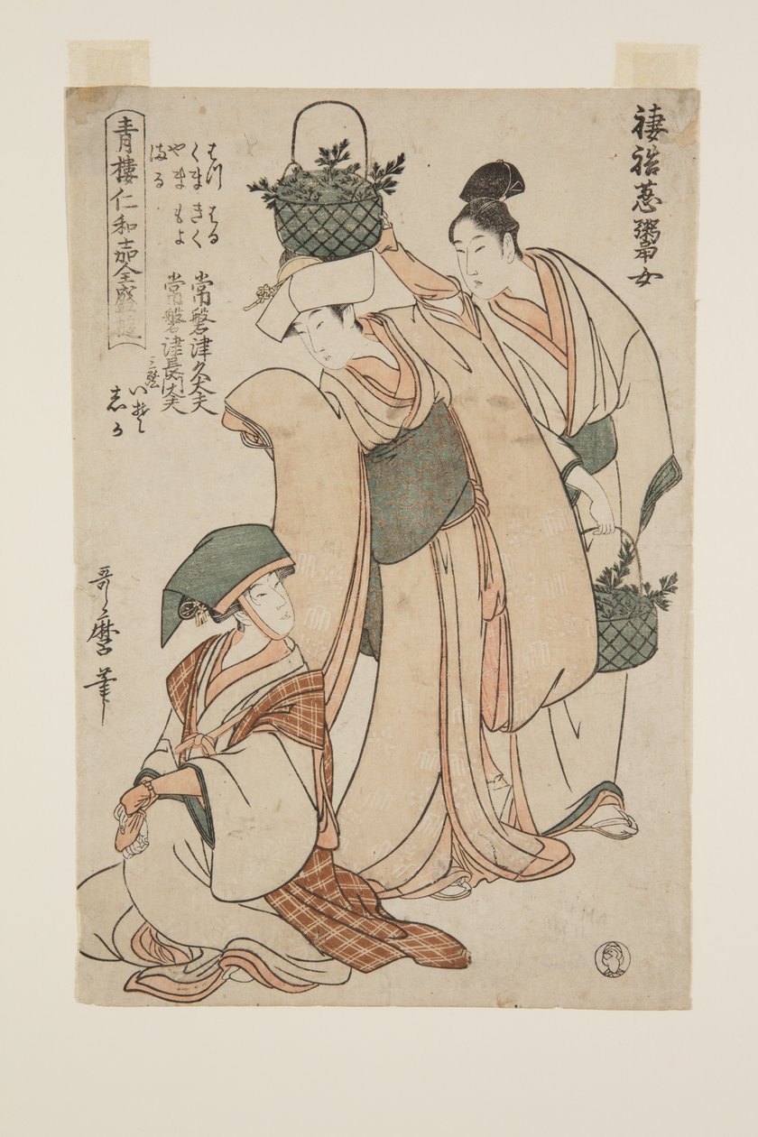 Női újhagyma eladók (Tsuma-awase, negi hisakime) (színes fatömbnyomat) alkotó: Kitagawa Utamaro