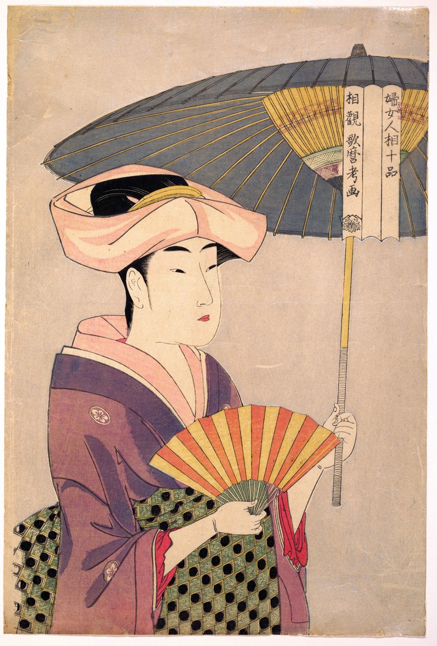 Femme tenant un parasol - Woman Holding Up a Napsol, a Ten Types in the Physiognomic Study of Women sorozatból, Utamaro, Kitagawa (1753-1806), c. 1793 - Színes fametszet, 38,1x25,7 - Magángyűjtemény alkotó: Kitagawa Utamaro
