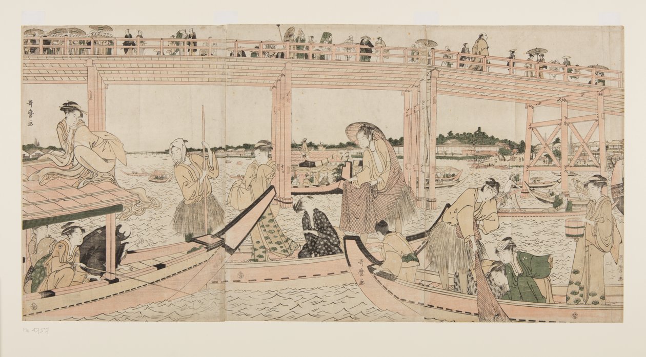 Horgászcsónakok hálóval a Rygoku híd alatt (színes fatömbnyomat) alkotó: Kitagawa Utamaro