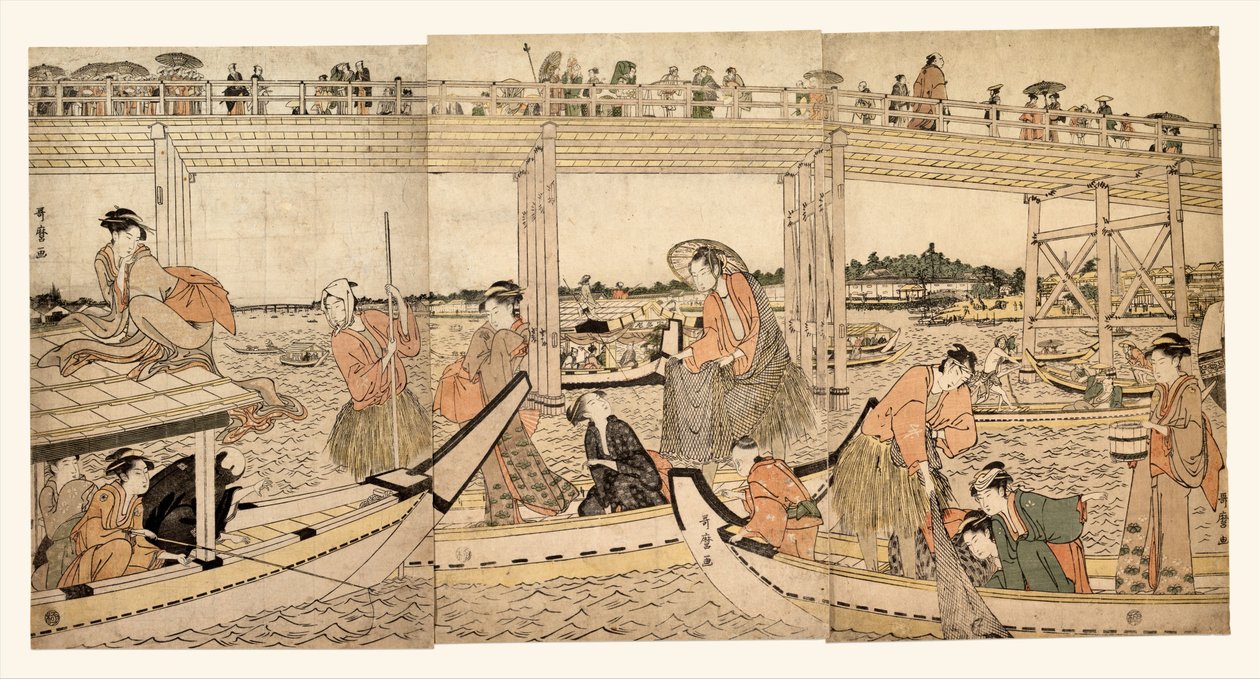 Hálós halászhajók a Ryōgoku-híd alatt alkotó: Kitagawa Utamaro