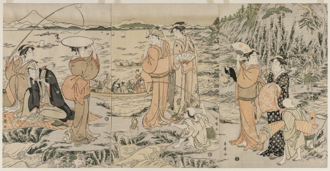Horgászat a vágódeszkán Enoshimában, az 1790-es évek elején. alkotó: Kitagawa Utamaro