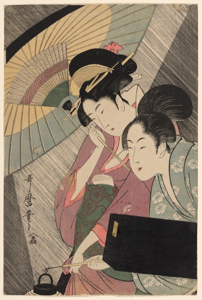 Gésa és kísérő egy esős éjszakán alkotó: Kitagawa Utamaro