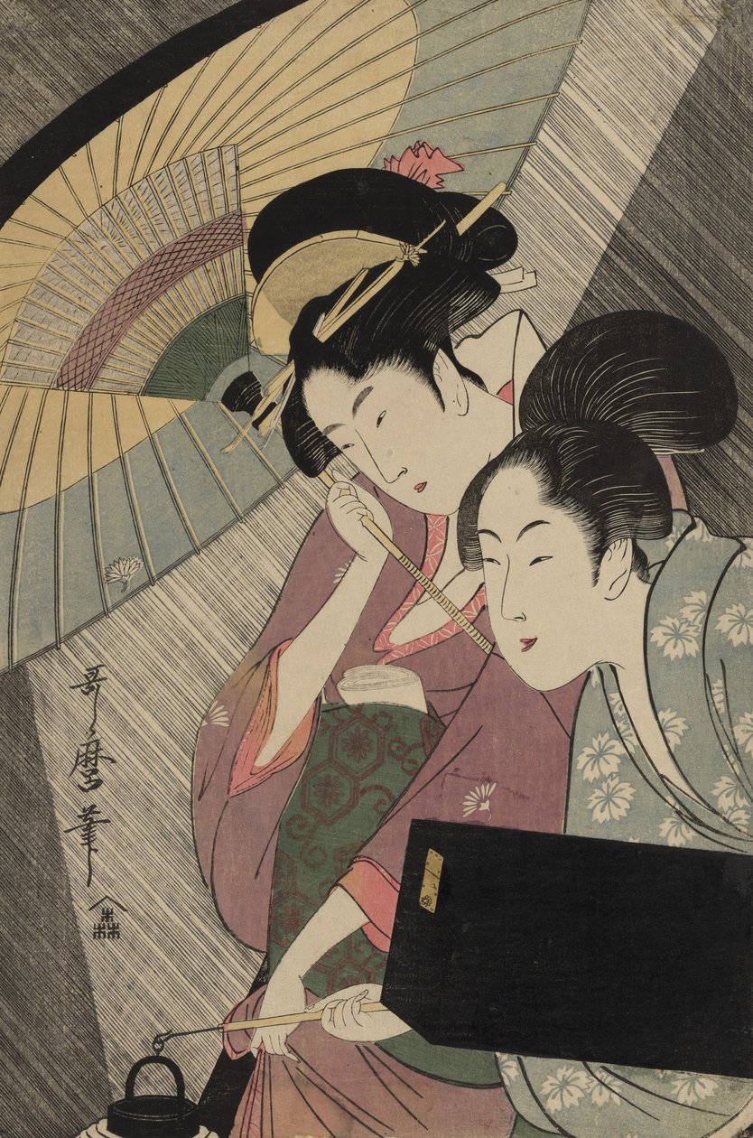 Gésa és kísérő egy esős éjszakán, 1797 körül alkotó: Kitagawa Utamaro