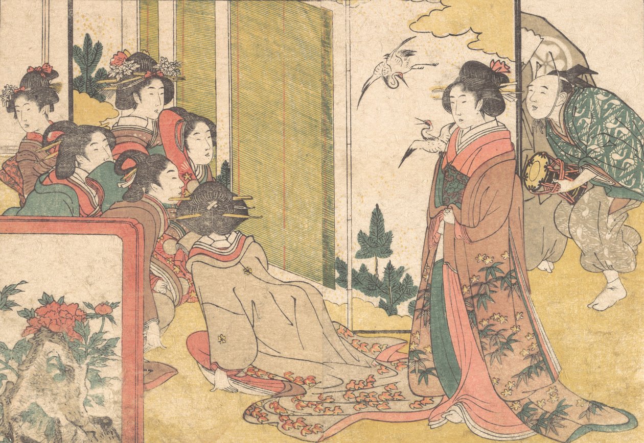 Lányok előadók által szórakoztatva, a Flowers of the Four Seasons, 1801 című illusztrált könyvből. alkotó: Kitagawa Utamaro