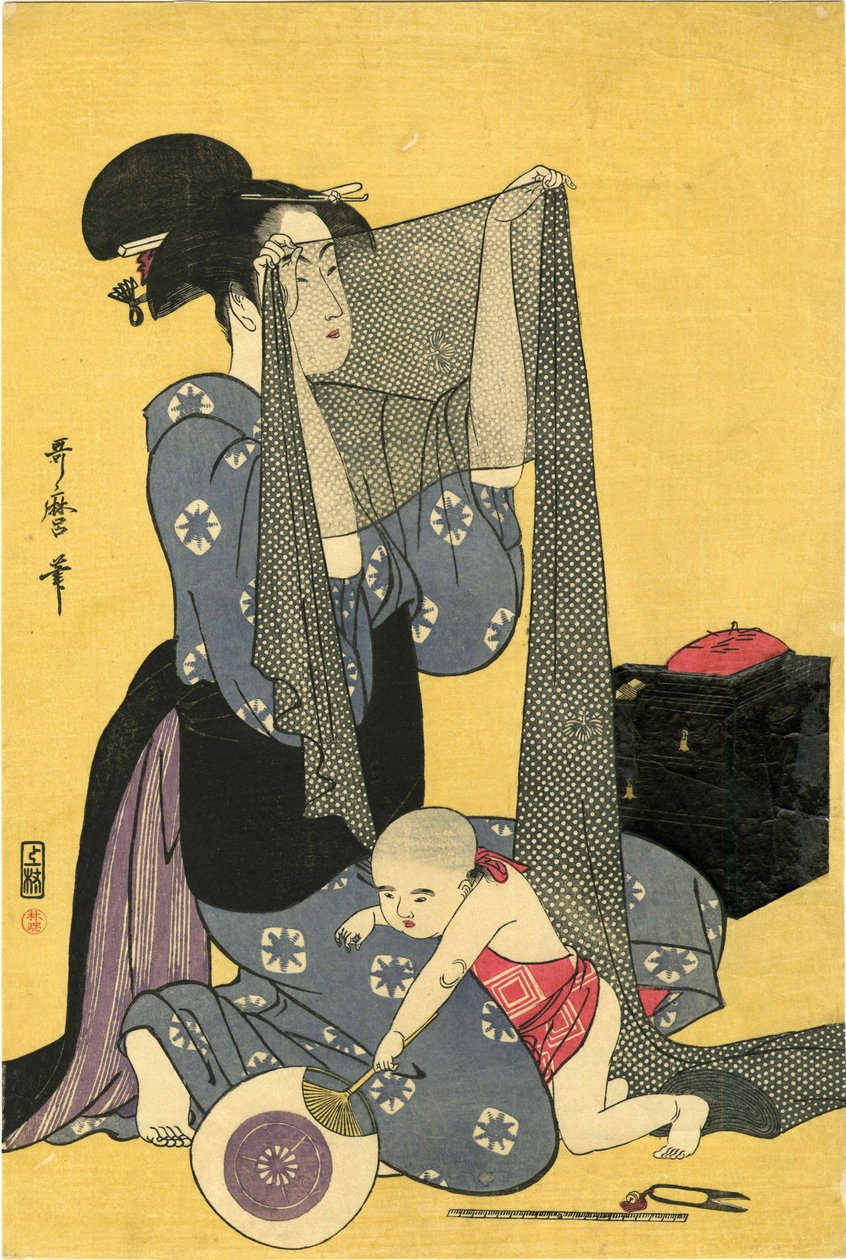Hari-shigoto Kézimunka. Triptichon, bal rész, 1795. alkotó: Kitagawa Utamaro