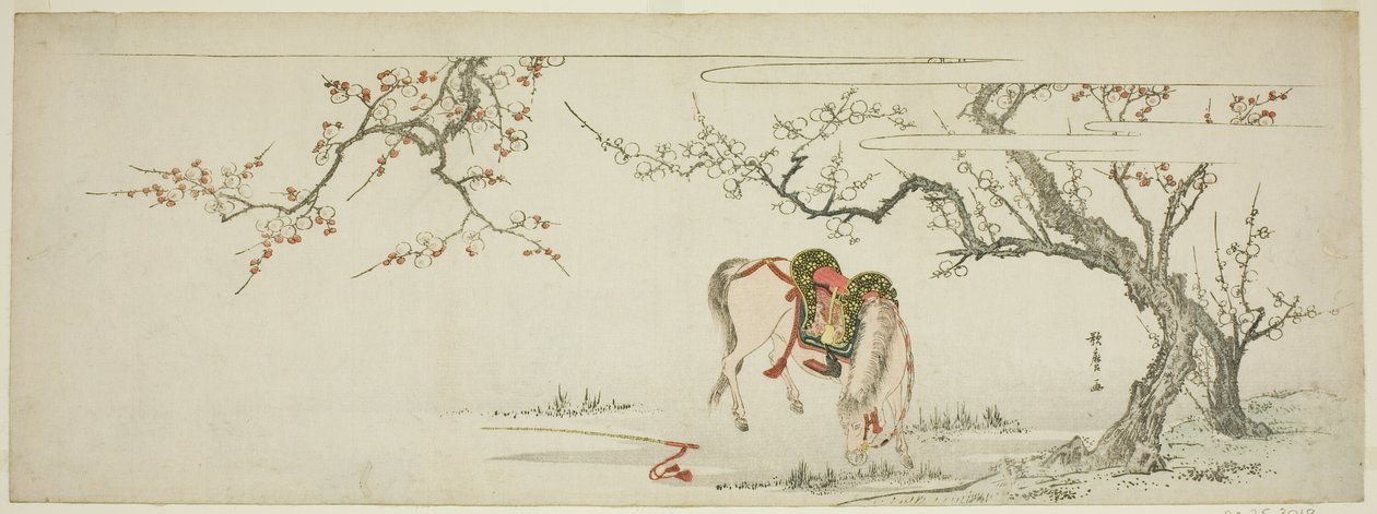Ló egy virágzó szilvafa alatt alkotó: Kitagawa Utamaro
