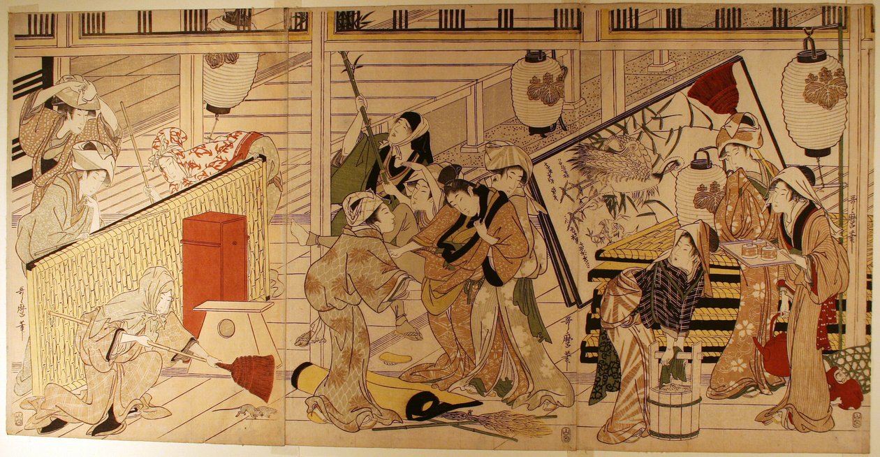 Takarítás az újévre készülve alkotó: Kitagawa Utamaro