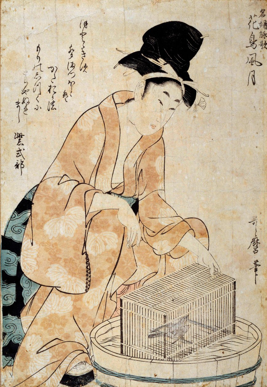 Japán művészet: nő ül egy madárkalitka előtt. Outamaro (Utamaro) Kitagawa rajza (1753-1806) 18. századi Rennes, Musee des Beaux Arts alkotó: Kitagawa Utamaro