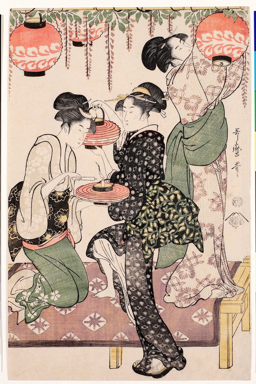 Fiatal lányok egy japán teaházból, lámpásokat akasztanak a wisteria espalierre - Kitagawa Utamaro (1753-1806) nyomata, 1795 körül, linómetszet - Teaházi lányok wisteria espalier alatt - Kitagawa Utamaro (1753-1806) színes linómetsze , kb1 alkotó: Kitagawa Utamaro