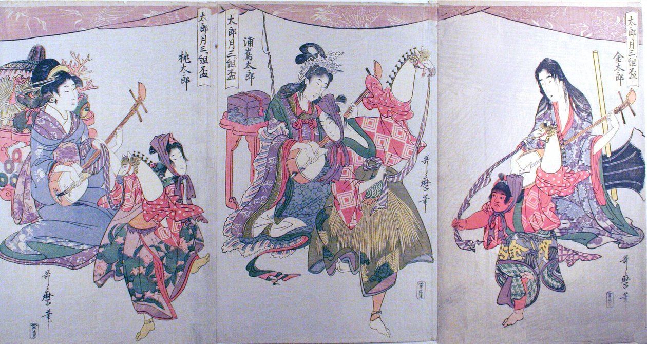 Kintaro, Urashimataro és Momotaro, a "Három szaké csésze készlet az első hónapra (Tarozuki mitsugumi sakazuki)" című triptichonból. alkotó: Kitagawa Utamaro