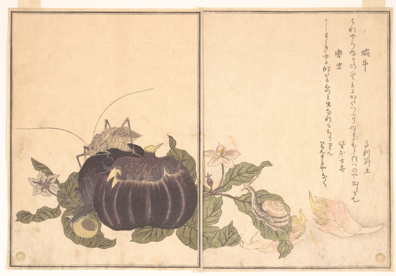 Szárazföldi csiga (Katatsumuri); óriás lombszöcske (Kutsuwamushi), a kúszó teremtmények képeskönyvéből (Ehon mushi erami) alkotó: Kitagawa Utamaro