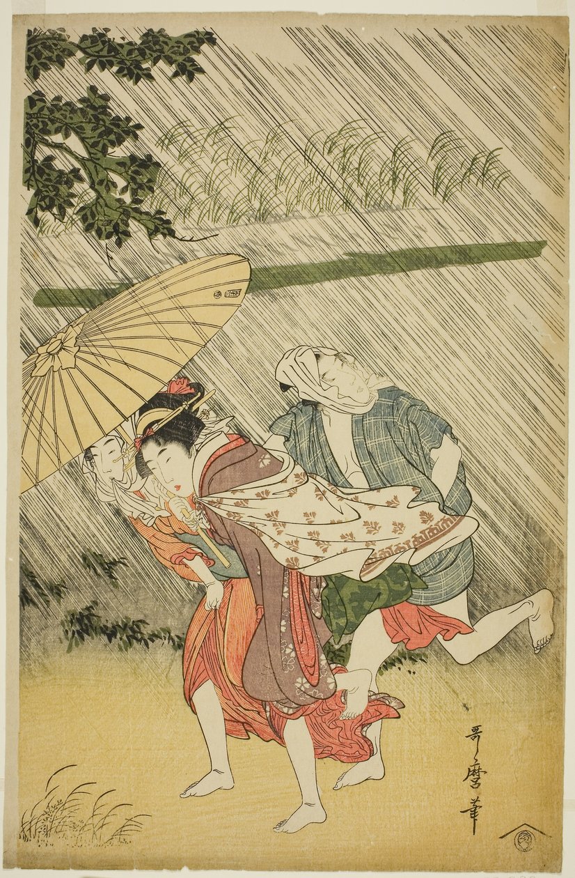 Szerelmesek esernyő alatt, 1797 körül (színes fatömbnyomat; oban) alkotó: Kitagawa Utamaro