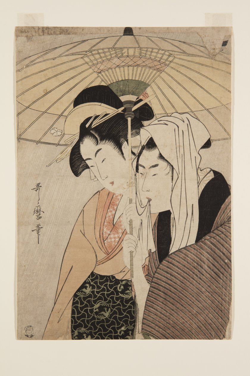 Férfi és nő esernyő alatt (színes fatömb nyomat) alkotó: Kitagawa Utamaro