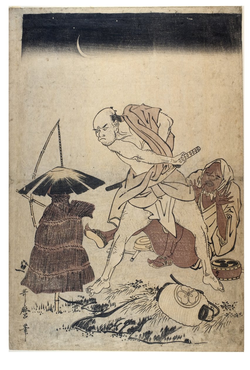 Férfi madárijesztőt fenyeget egy sötét éjszakán, 1758-1806 körül (fatömbnyomat papír nélkül) alkotó: Kitagawa Utamaro