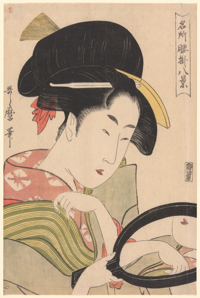 Tükör, a „Nyolc kilátás a teázókról ünnepelt helyeken” sorozatból ("Meisho koshikake hakkei") alkotó: Kitagawa Utamaro
