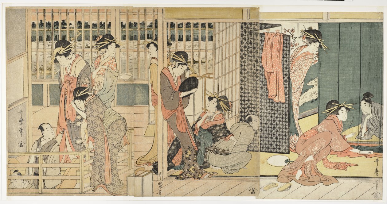 Reggeli búcsú a Pleasure Quarter ideiglenes szállásán, 1801 alkotó: Kitagawa Utamaro