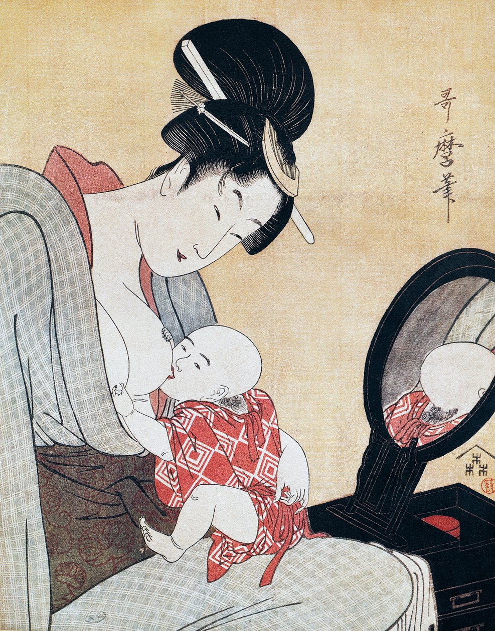 Anya szoptatja fiát, Kitagawa Utamaro (1753-1806) ukiyo-e művészeti nyomata, fametszet, japán civilizáció, Edo-korszak alkotó: Kitagawa Utamaro